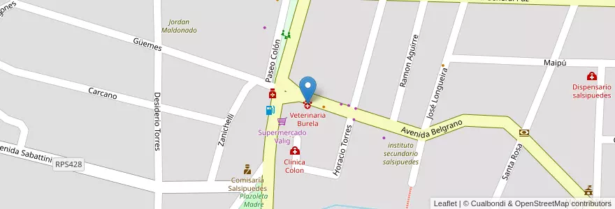 Mapa de ubicacion de Veterinaria Burela en アルゼンチン, コルドバ州, Departamento Colón, Pedanía Río Ceballos, Municipio De Salsipuedes, Salsipuedes.