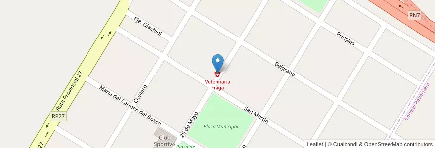 Mapa de ubicacion de Veterinaria Fraga en Argentinië, San Luis, Coronel Pringles, Comisión Municipal De Fraga.