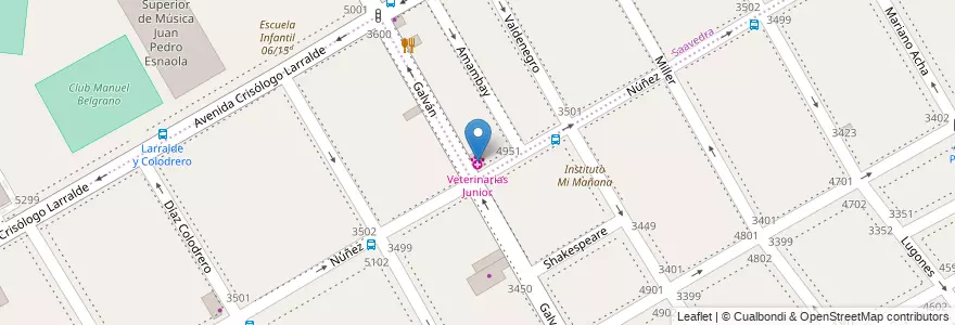 Mapa de ubicacion de Veterinarias Junior, Villa Urquiza en Arjantin, Ciudad Autónoma De Buenos Aires, Comuna 12, Buenos Aires.