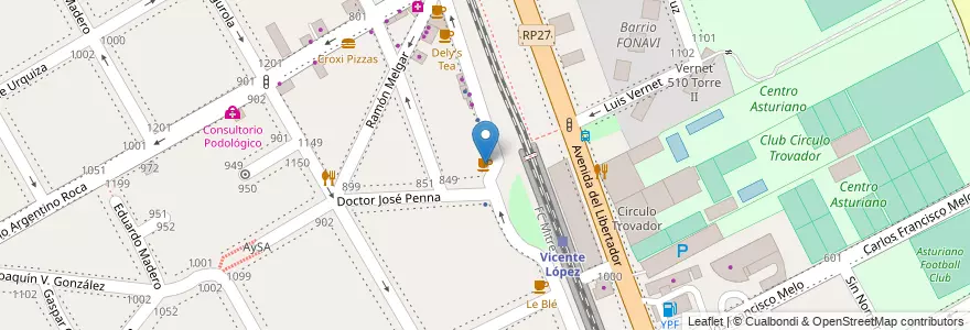 Mapa de ubicacion de Vicente López Café & Brunch en 阿根廷, 布宜诺斯艾利斯省, Partido De Vicente López, Vicente López.