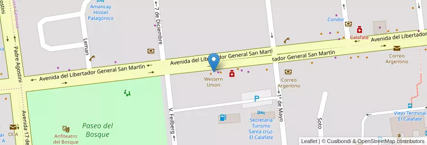 Mapa de ubicacion de Western Union en アルゼンチン, マガジャネス・イ・デ・ラ・アンタルティカ・チレーナ州, チリ, サンタクルス州, El Calafate, Lago Argentino.