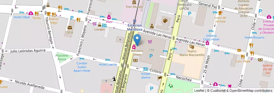 Mapa de ubicacion de Western Union en Argentina, Chile, Mendoza, Departamento Capital, Ciudad De Mendoza.
