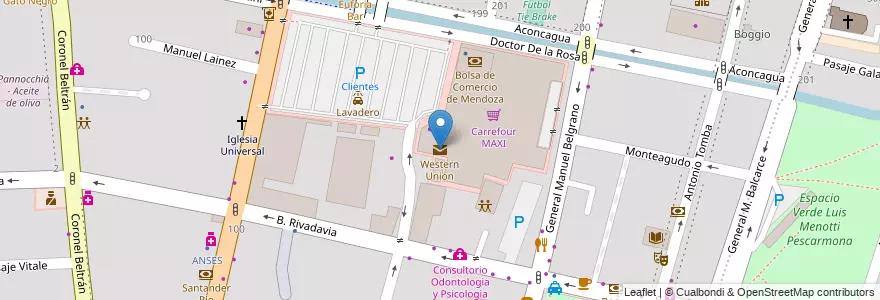 Mapa de ubicacion de Western Union en Аргентина, Чили, Мендоса, Godoy Cruz, Departamento Godoy Cruz, Distrito Ciudad De Godoy Cruz.