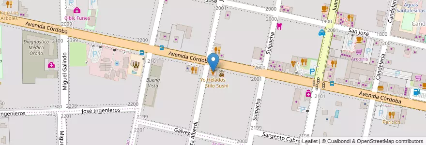 Mapa de ubicacion de Yo Helados en الأرجنتين, سانتا في, Departamento Rosario, Municipio De Funes, Funes.