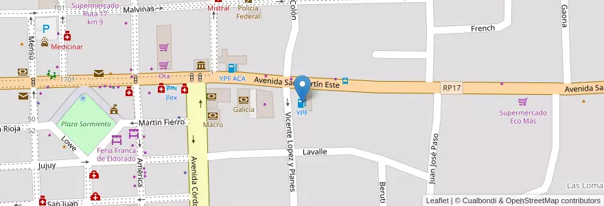 Mapa de ubicacion de YPF en アルゼンチン, ミシオネス州, Departamento Eldorado, Municipio De Eldorado, Eldorado.