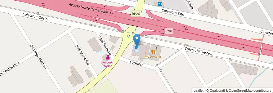 Mapa de ubicacion de YPF en Arjantin, Buenos Aires, Partido Del Pilar.