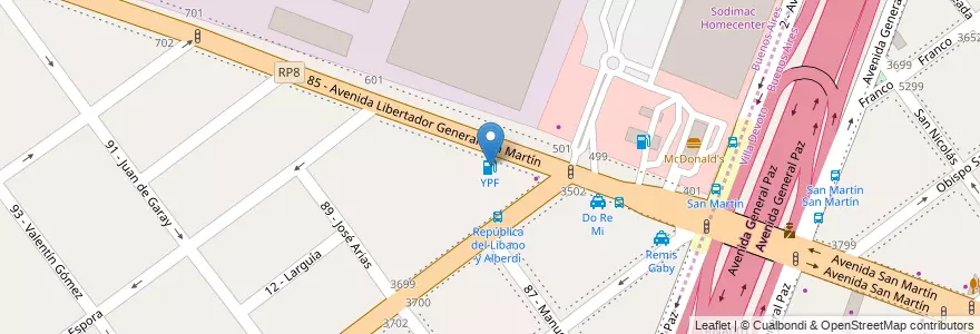 Mapa de ubicacion de YPF en アルゼンチン, ブエノスアイレス州, Partido De General San Martín.