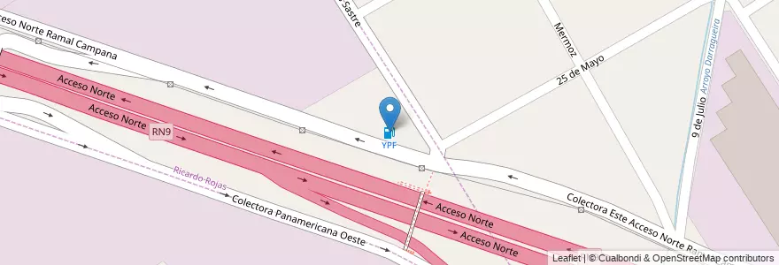 Mapa de ubicacion de YPF en アルゼンチン, ブエノスアイレス州, Ricardo Rojas.