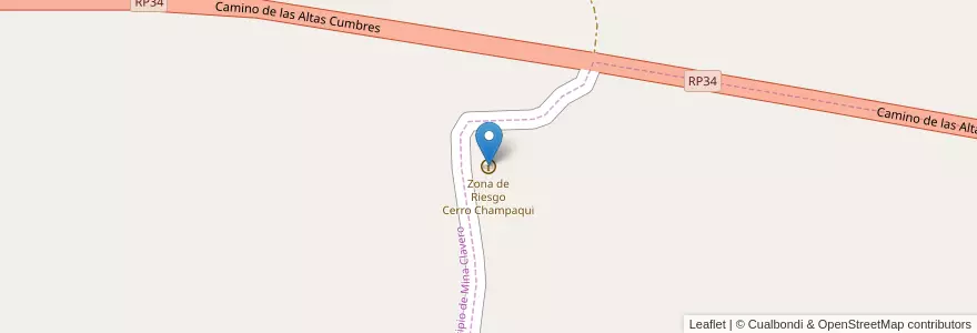 Mapa de ubicacion de Zona de Riesgo Cerro Champaqui en Argentinien, Provinz Córdoba, Departamento San Alberto, Pedanía Tránsito, Municipio De Mina Clavero.