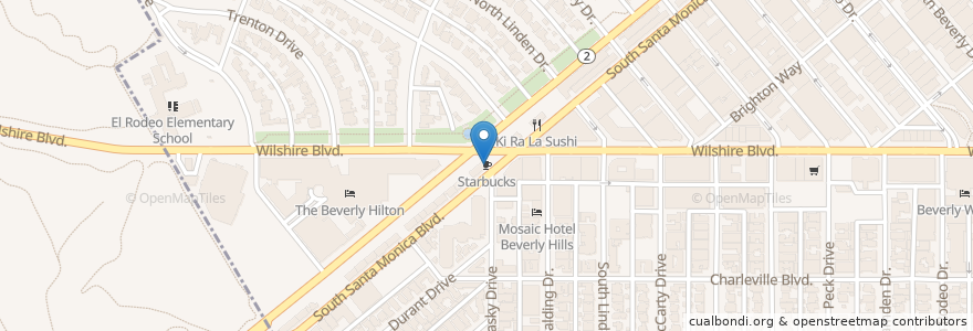 Mapa de ubicacion de Starbucks en Amerika Birleşik Devletleri, Kaliforniya, Los Angeles County, Los Angeles, Beverly Hills.
