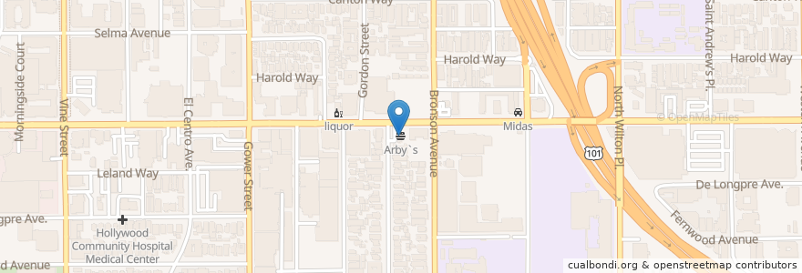 Mapa de ubicacion de Arby's en Estados Unidos Da América, Califórnia, Los Angeles County, Los Angeles.