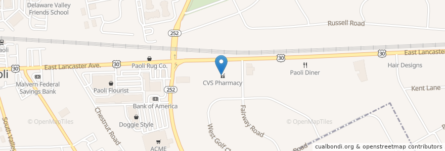Mapa de ubicacion de CVS Pharmacy en الولايات المتّحدة الأمريكيّة, بنسيلفانيا, Chester County, Tredyffrin Township.