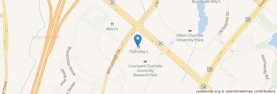 Mapa de ubicacion de TGI Friday's en Vereinigte Staaten Von Amerika, Nord-Carolina, Mecklenburg County, Charlotte.