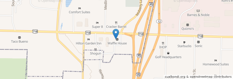 Mapa de ubicacion de Waffle House en Verenigde Staten, Arkansas, Benton County, Bentonville.