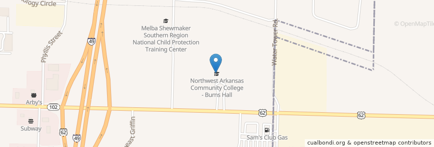 Mapa de ubicacion de Northwest Arkansas Community College - Burns Hall en Соединённые Штаты Америки, Арканзас, Benton County.