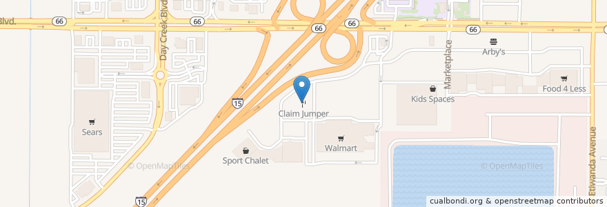 Mapa de ubicacion de Claim Jumper en 美利坚合众国/美利堅合眾國, 加利福尼亚州/加利福尼亞州, San Bernardino County, Rancho Cucamonga.