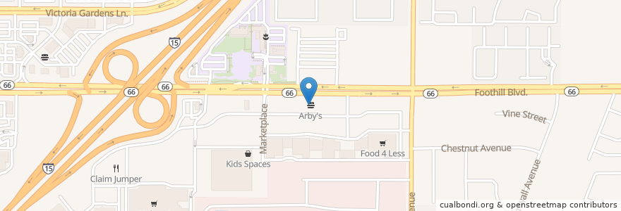 Mapa de ubicacion de Arby's en アメリカ合衆国, カリフォルニア州, San Bernardino County, Rancho Cucamonga.