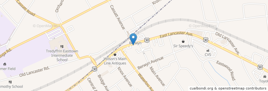 Mapa de ubicacion de Berwyn Pa Post Office en 美利坚合众国/美利堅合眾國, 宾夕法尼亚 / 賓夕法尼亞州, Chester County, Tredyffrin Township, Easttown Township.
