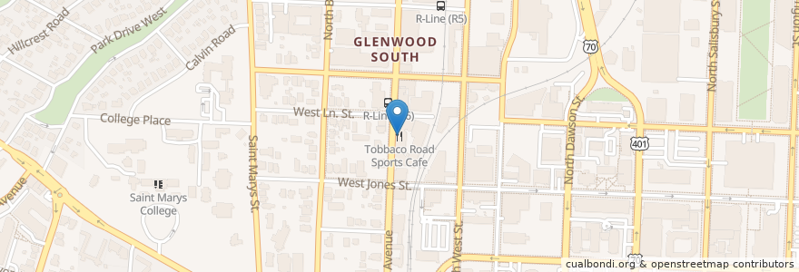 Mapa de ubicacion de Tobbaco Road Sports Cafe en États-Unis D'Amérique, Caroline Du Nord, Wake County, Raleigh.