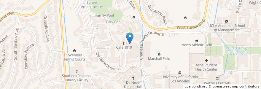 Mapa de ubicacion de Bruin Cafe en 美利坚合众国/美利堅合眾國, 加利福尼亚州/加利福尼亞州, 洛杉矶县, 洛杉矶.