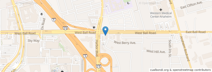 Mapa de ubicacion de Starbucks en 미국, 캘리포니아주, Orange County, 애너하임.