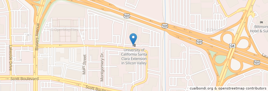 Mapa de ubicacion de University of California Santa Clara Extension in Silicon Valley en 미국, 캘리포니아주, Santa Clara County, Santa Clara.