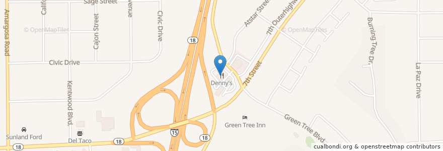 Mapa de ubicacion de Denny's en Соединённые Штаты Америки, Калифорния, San Bernardino County, Викторвилл.