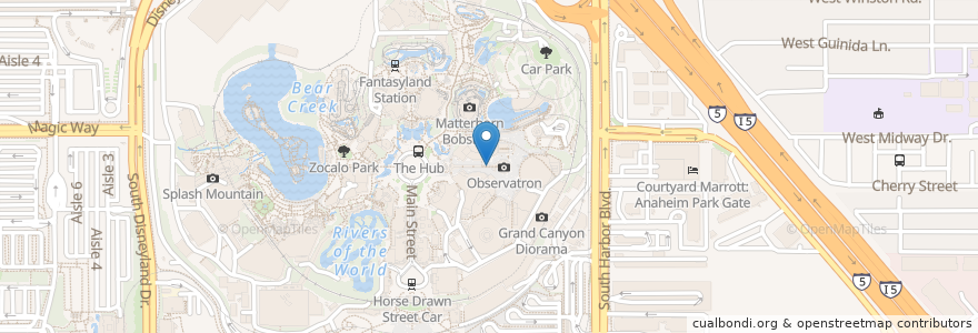 Mapa de ubicacion de Churros Tomorrowland en アメリカ合衆国, カリフォルニア州, Orange County, Anaheim.