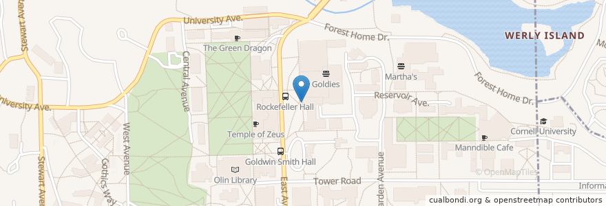 Mapa de ubicacion de Rockefeller Hall en アメリカ合衆国, ニューヨーク州, Tompkins County, Ithaca Town, Ithaca.