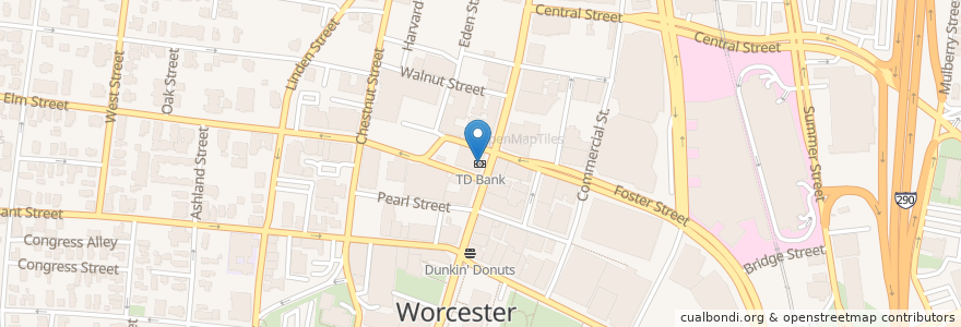 Mapa de ubicacion de TD Bank en アメリカ合衆国, マサチューセッツ州, Worcester County, Worcester.