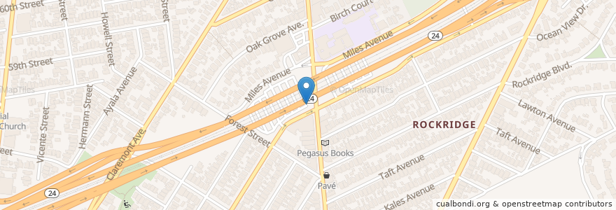Mapa de ubicacion de Rockridge BART en アメリカ合衆国, カリフォルニア州, アラメダ郡, オークランド.