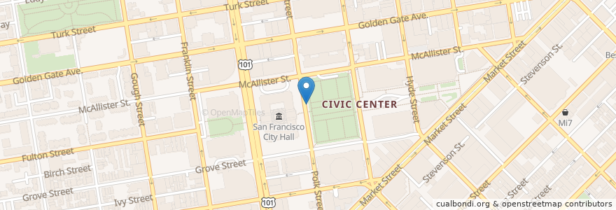 Mapa de ubicacion de Polk & McAllister (City Hall) en الولايات المتّحدة الأمريكيّة, كاليفورنيا, سان فرانسيسكو, سان فرانسيسكو.