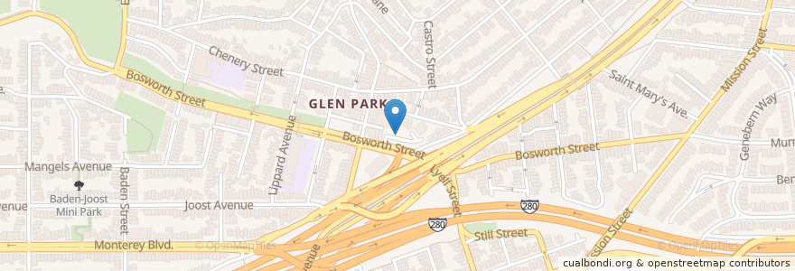 Mapa de ubicacion de Glen Park BART en الولايات المتّحدة الأمريكيّة, كاليفورنيا, سان فرانسيسكو, سان فرانسيسكو.