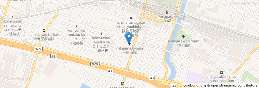 Mapa de ubicacion de 中馬病院 en 日本, 兵庫県, 尼崎市.