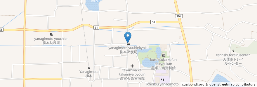 Mapa de ubicacion de 柳本郵便局 en Jepun, 奈良県, 天理市.