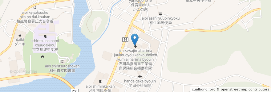 Mapa de ubicacion de 石川島播磨重工業健康保険組合播磨病院 en 日本, 兵庫県, 相生市.
