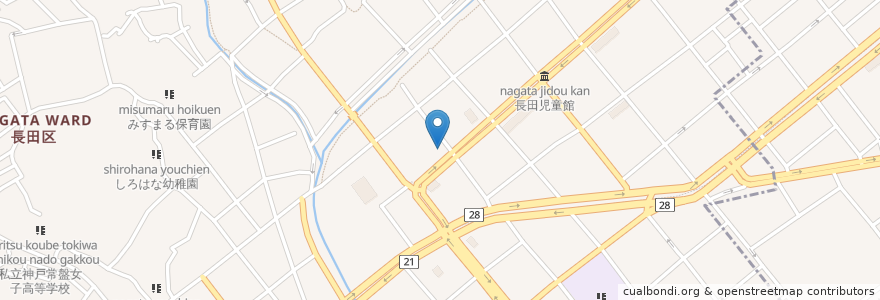 Mapa de ubicacion de 神戸長田神社通郵便局 en Japon, Préfecture De Hyōgo, 神戸市, 長田区.