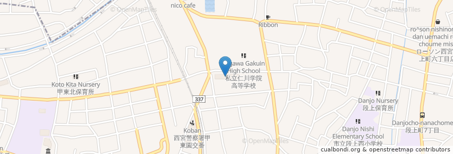 Mapa de ubicacion de 私立仁川学院小学校 en اليابان, 兵庫県, نيشينومايا.