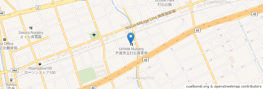 Mapa de ubicacion de 芦屋市立打出保育所 en اليابان, 兵庫県, 芦屋市.