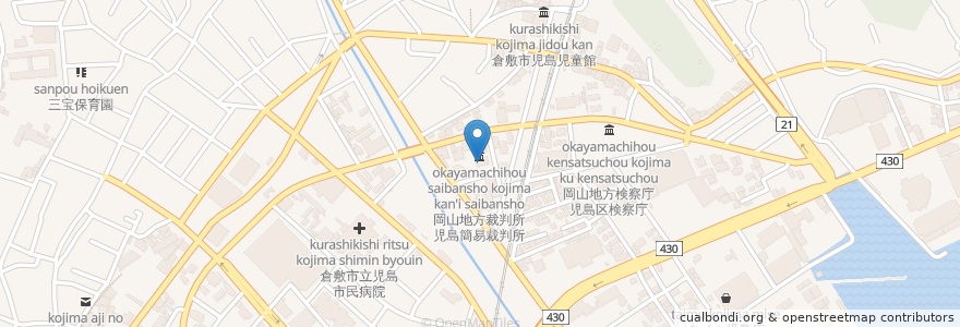 Mapa de ubicacion de 岡山家庭裁判所児島出張所 en Japan, Okayama Prefecture, Kurashiki.