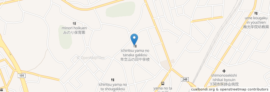 Mapa de ubicacion de 市立山の田中学校 en Japan, Yamaguchi Prefecture, Shimonoseki.