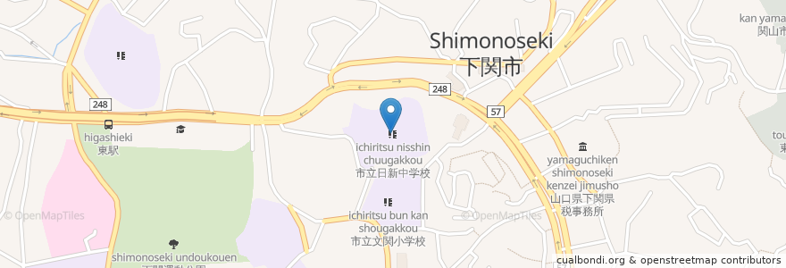 Mapa de ubicacion de 市立日新中学校 en 日本, 山口県, 下関市.