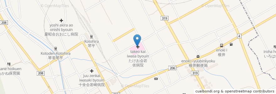 Mapa de ubicacion de たけお会岩佐病院 en Giappone, Prefettura Di Kagawa, 仲多度郡, 琴平町.