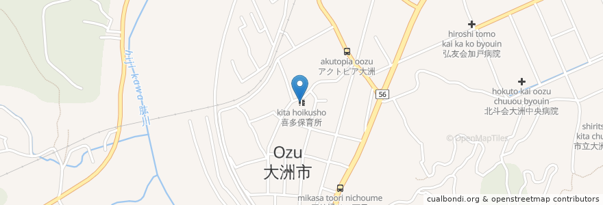 Mapa de ubicacion de 喜多保育所 en 日本, 愛媛県, 大洲市.