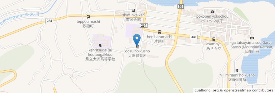 Mapa de ubicacion de 大洲保育所 en 日本, 愛媛県, 大洲市.