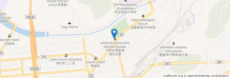 Mapa de ubicacion de 宇和島警察署城北交番 en Japon, Préfecture D'Ehime, 宇和島市.
