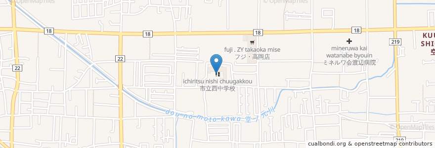 Mapa de ubicacion de 市立西中学校 en Jepun, 愛媛県, 松山市.