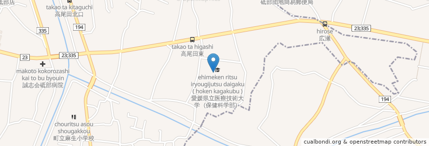 Mapa de ubicacion de 愛媛県立医療技術短期大学 en Japonya, 愛媛県, 伊予郡, 砥部町.