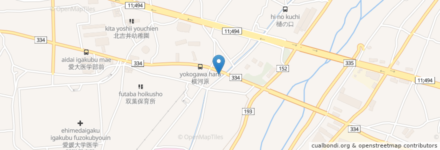 Mapa de ubicacion de 横河原郵便局 en اليابان, 愛媛県, 東温市.