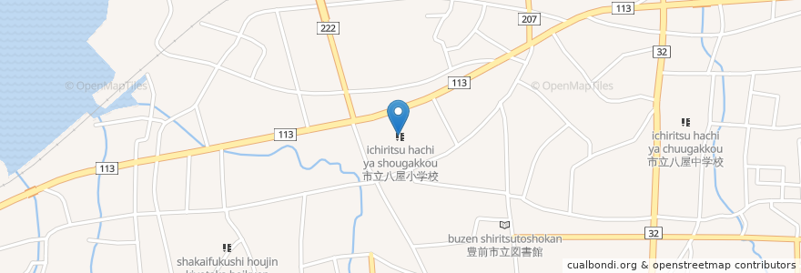 Mapa de ubicacion de 市立八屋小学校 en 日本, 福岡県, 豊前市.
